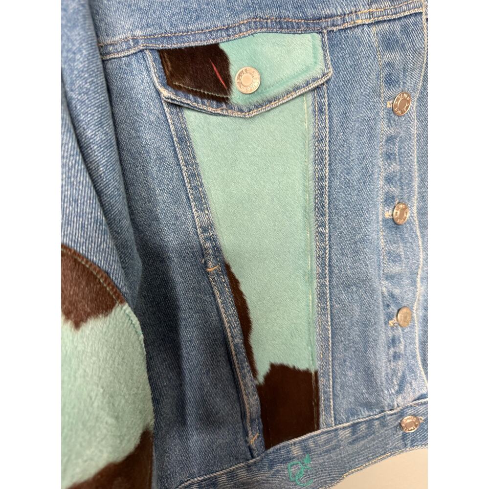 Jacket Happy by Debbie Clemens blue and brown cow hide denim‎ jacket fur lined - Picture 14 of 14